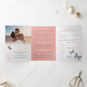 Invitation Trois Volets papillons coralliens bleus mariages tout-en-un