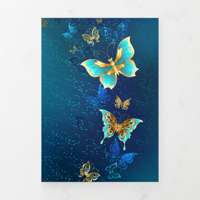 Invitation Trois Volets Papillons d'or sur un Arrière - plan bleu (Page de couverture)