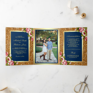 Invitation Trois Volets Parties scintillant d'or de Faux Sparkle Floral Na