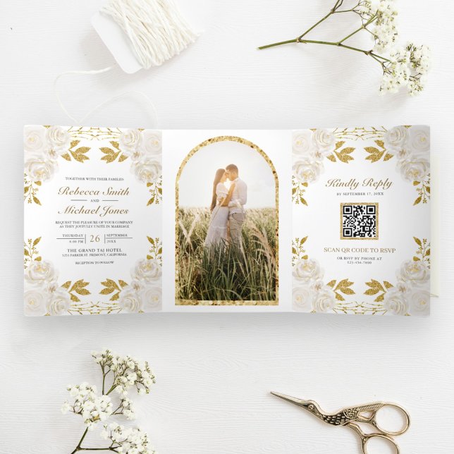 Invitation Trois Volets Parties scintillant d'or floral ivoire rustique Ma (Créateur téléchargé)