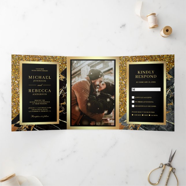 Invitation Trois Volets Parties scintillant d'or Marbre noir Mariage photo (Intérieur)