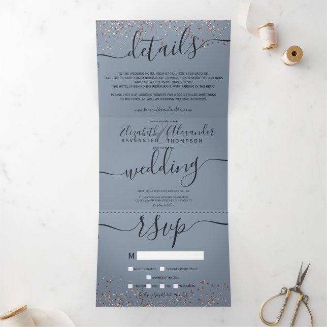 Invitation Trois Volets parties scintillant d'or rose confetti bleu chic m (Intérieur)