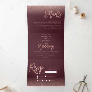 Invitation Trois Volets parties scintillant d'or Rose ombre mariage de bor