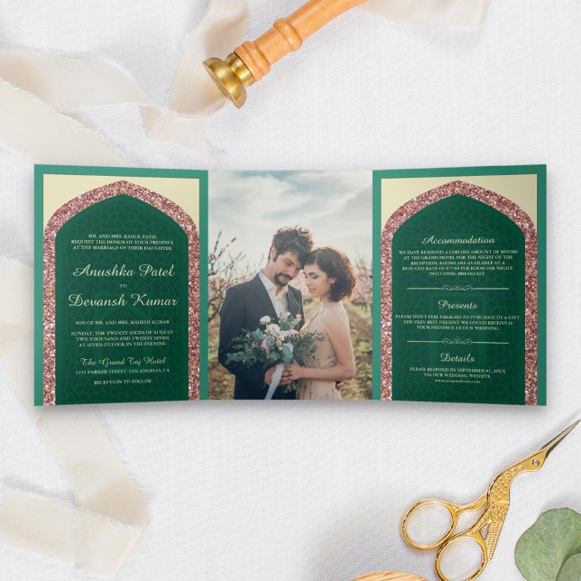 Invitation Trois Volets Parties scintillant d'or Rose vert Mint Mariage in (Créateur téléchargé)