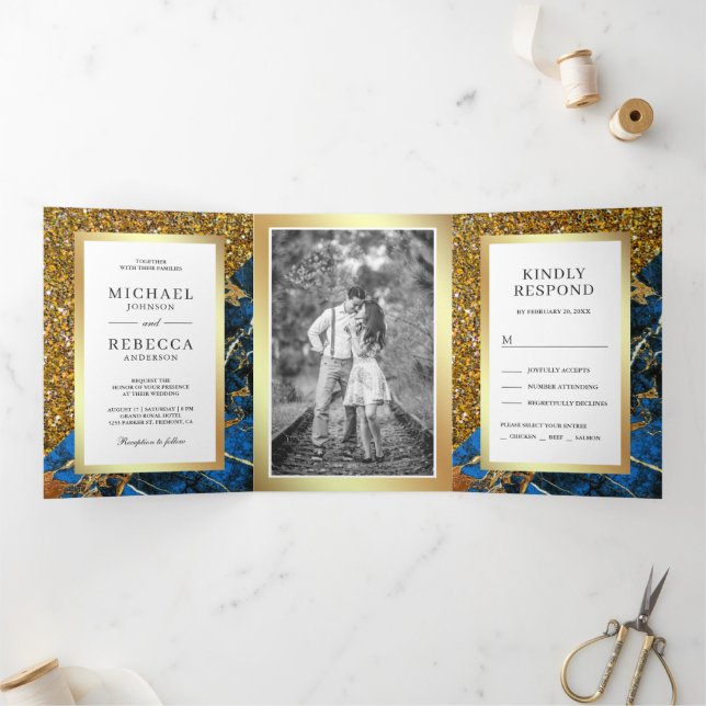 Invitation Trois Volets Parties scintillant d'or Royal Blue Marble Photo M (Intérieur)