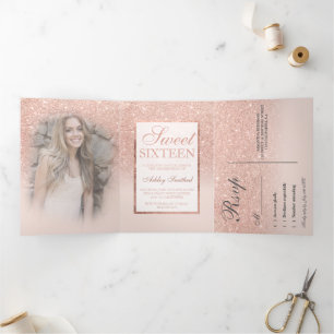 Invitation Trois Volets Parties scintillant en or rose moderne ombre photo