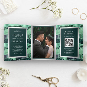 Invitation Trois Volets Parties scintillant verte de mer Agate Marbre QR C