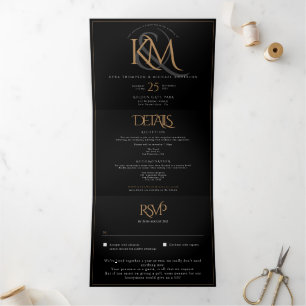 Invitation Trois Volets PAS DE REPAS Monogramme d'or noir tout en un Maria