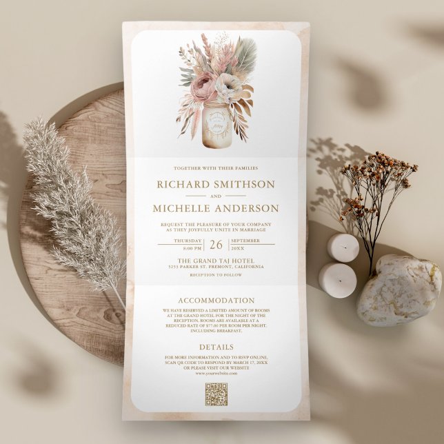 Invitation Trois Volets Pastel Boho Floral Mason Jar QR Code Mariage (Créateur téléchargé)
