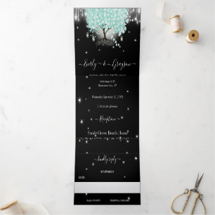 Invitation Trois Volets Pastel Mint Green sur Black Heart Leaf Mariage