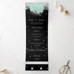 Invitation Trois Volets Pastel Mint Green sur Black Heart Leaf Mariage