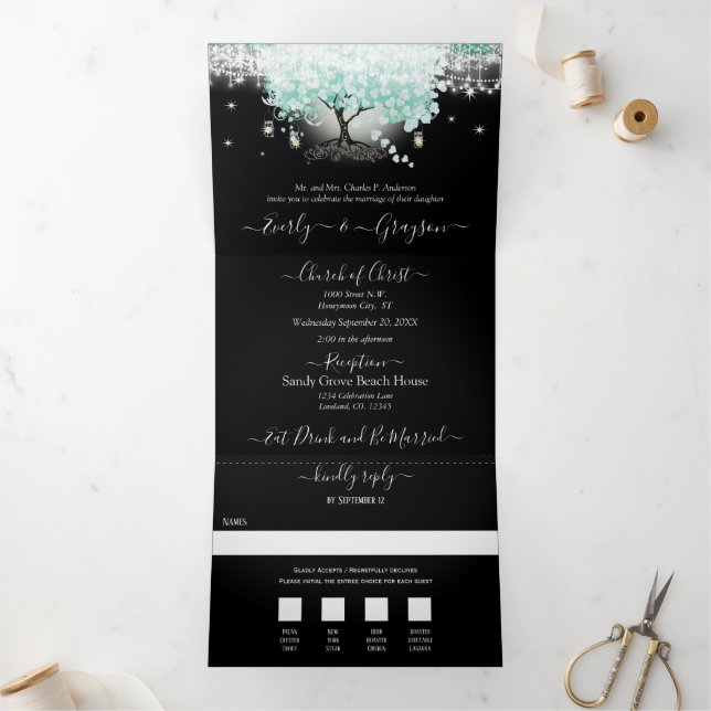 Invitation Trois Volets Pastel Mint Green sur Black Heart Leaf Mariage (Intérieur)