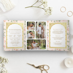 Invitation Trois Volets Pastel pêche floral tout en un or mariage indien