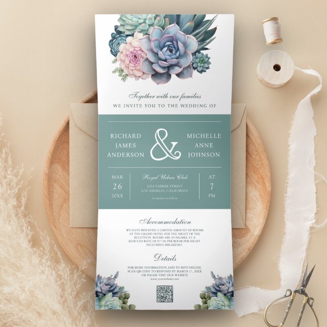 Invitation Trois Volets Pastel Succulent Ampersand QR Code Mariage (Créateur téléchargé)