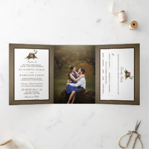 Invitation Trois Volets Pays Russe Monogramme Arbre et Mariage de Burlap