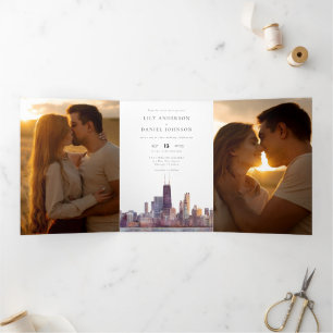 Invitation Trois Volets Paysage de Chicago Code QR 3 Photo Mariage