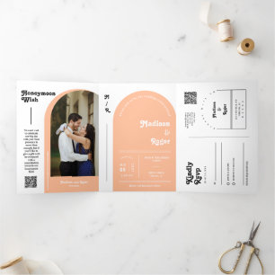 Invitation Trois Volets Peach Retro Boho Arch Photo QR Code Mariage