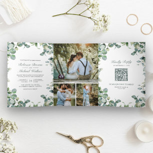 Invitation Trois Volets Photo Collage Eucalyptus moderne QR Code Mariage