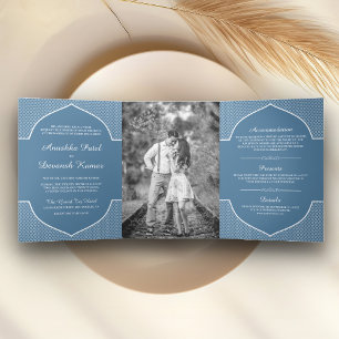 Invitation Trois Volets Photo de mariage à l'arc ethnique indien bleu élég