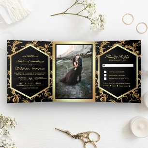 Invitation Trois Volets Photo de mariage à tourbillonnement noir et or