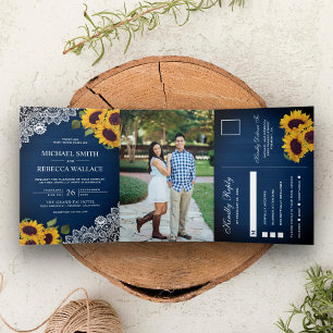 Invitation Trois Volets Photo de mariage au tournesol avec dentelle en boi