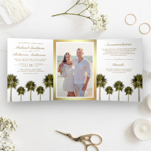 Invitation Trois Volets Photo de mariage aux palmiers de la plage tropical
