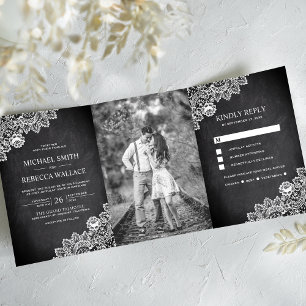 Invitation Trois Volets Photo de mariage avec tableau noir et dentelle bla