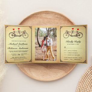 Invitation Trois Volets Photo de mariage de bicyclette tandem rustique vin