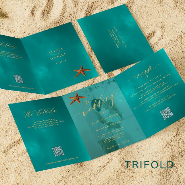Invitation Trois Volets Photo de mariage de destination balnéaire QR RSVP  (Créateur téléchargé)