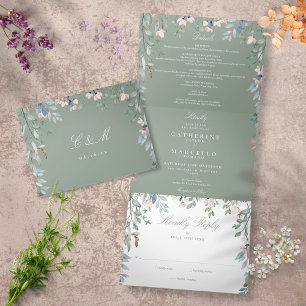 Invitation Trois Volets Photo de mariage de fleurs sauvages vert sauge