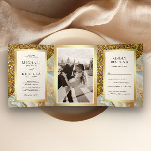 Invitation Trois Volets Photo de mariage en marbre marron paillettes dorée