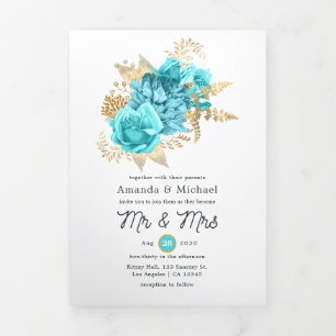 Invitation Trois Volets Photo de mariage floral bleu aqua et or
