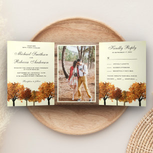 Invitation Trois Volets Photo de mariage forestier automnal rustique