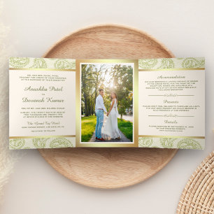 Invitation Trois Volets Photo de mariage indien de style paisley vert et o