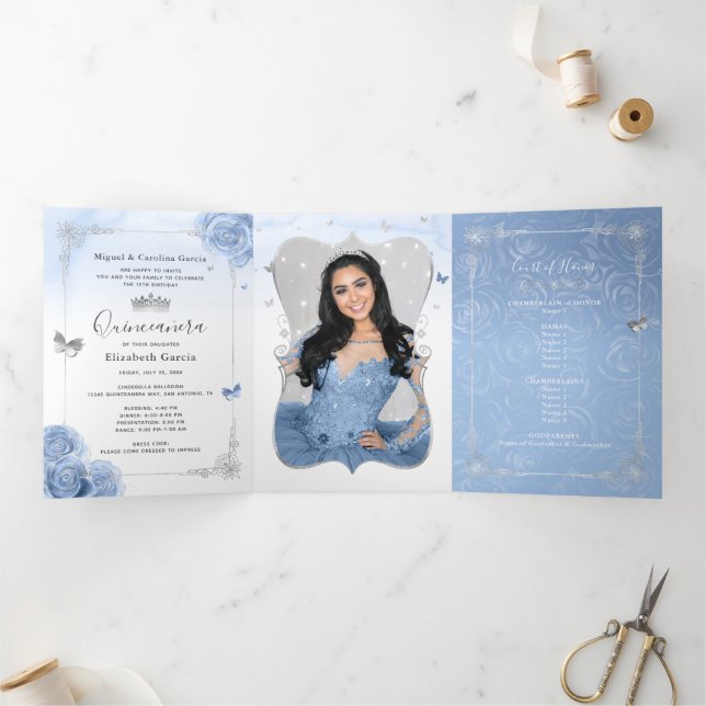 Invitation Trois Volets Photo Elégante Espagnol Bleu Bleu Argent Quinceane (Intérieur)
