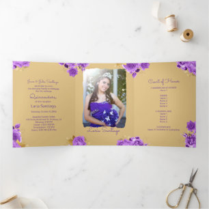 Invitation Trois Volets Photo Espagnol ivoire et violet Rose Quinceanera