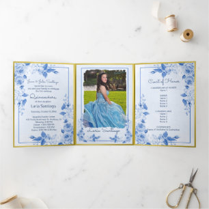 Invitation Trois Volets Photo Espagnol Lumière Bleu Or Roses Quinceanera