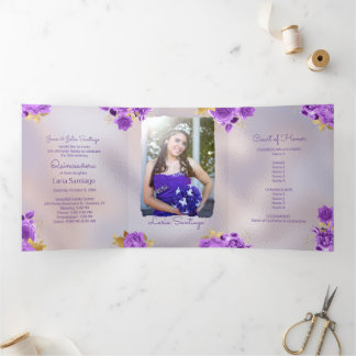 Invitation Trois Volets Photo Espagnol Perle et pourpre Rose Quinceanera