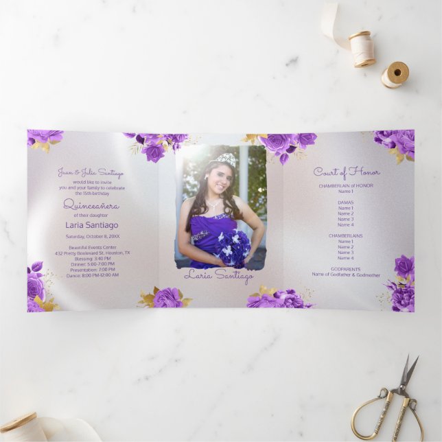 Invitation Trois Volets Photo Espagnol Perle et pourpre Rose Quinceanera (Intérieur)