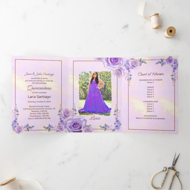 Invitation Trois Volets Photo Espagnol Rose de lavande rose Quinceanera (Intérieur)