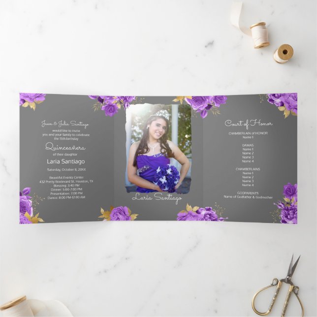 Invitation Trois Volets Photo Espagnol rose et violet Rose Quinceanera (Intérieur)