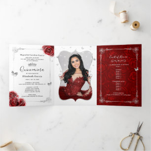 Invitation Trois Volets Photo Espagnol Rouge et argent Quinceanera