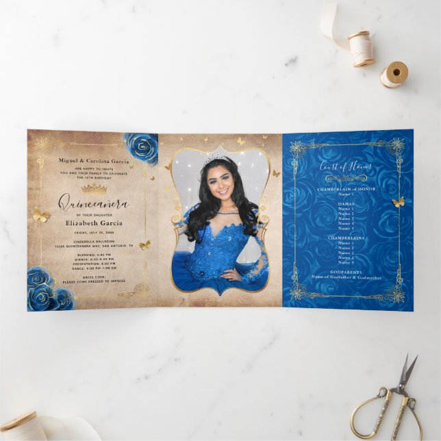 Invitation Trois Volets Photo Espagnol Royal Blue Rose Gold Quinceanera (Intérieur)