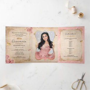 Invitation Trois Volets Photo espagnole Blush Rose Gold Quinceanera