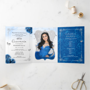 Invitation Trois Volets Photo espagnole Silver Royal Blue Quinceanera