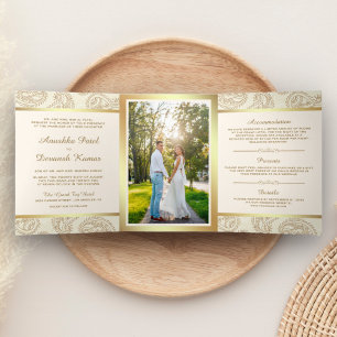 Invitation Trois Volets Photo Mariage de style indien Cream and Gold Paisl
