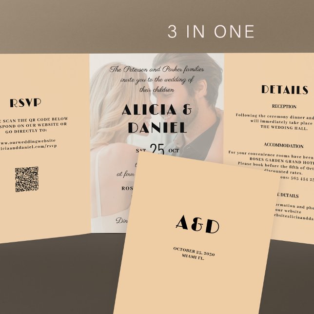 Invitation Trois Volets Photo moderne rsvp détails QR crème noir mariage (Créateur téléchargé)