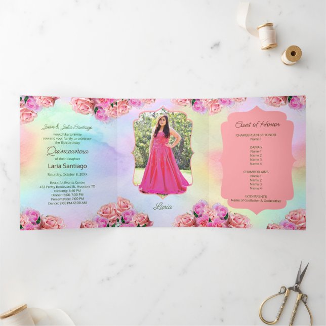 Invitation Trois Volets Photo Spanish Rose Roses Arc-en-ciel Quinceanera (Intérieur)