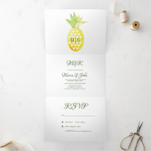 Invitation Trois Volets Pina Aquarelle Ananas Fruit Mariage tropique (Intérieur)