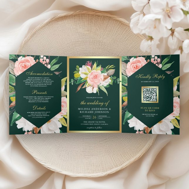 Invitation Trois Volets Pink Floral Gold QR Code Emerald Green Wedding (Créateur téléchargé)